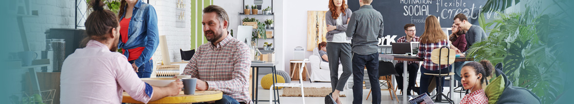 small groups of people relaxing in a break room