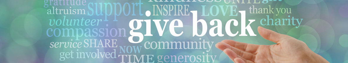 open hand gesturing to a cloud of words relating to charitable giving and donations